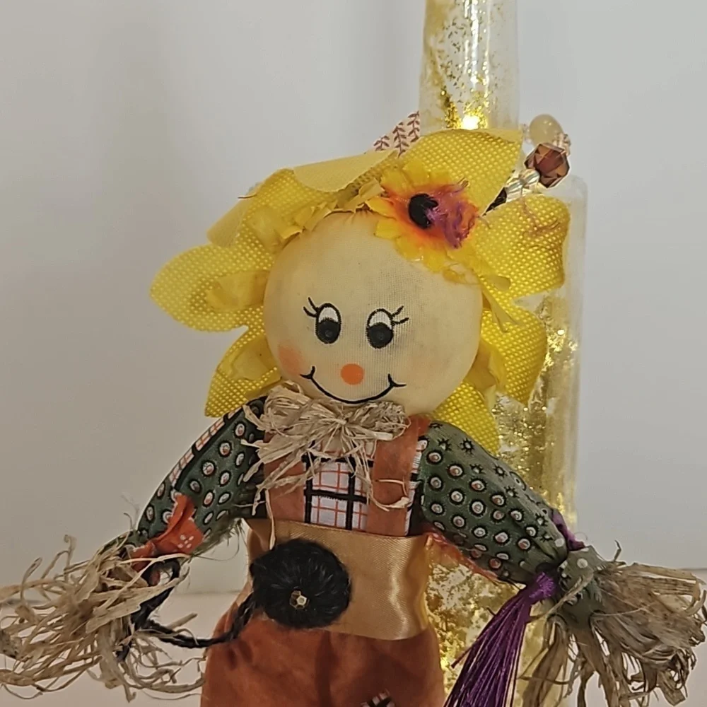 Hand Crafted Upcycled Fall Bottle Art Floral Sunflower Scarecrow Lighgt- up